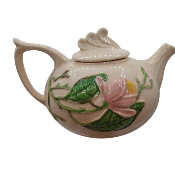 Vintage Ceramic  Hull Teapot & Creamer With Embossed Pink Blossoms And Green Lea - Picture 2 of 7